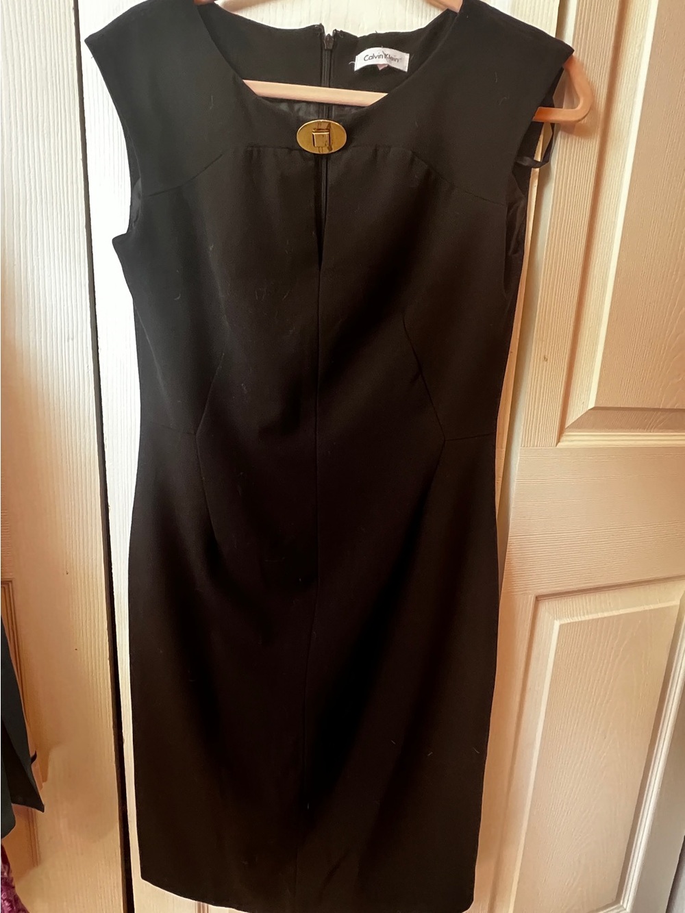 Calvin Klein Black Sheath Dress with Gold Medallion
